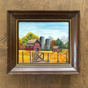 Original Painting Red Barn Landscape Artist Signed Rustic Board Farm Buildings